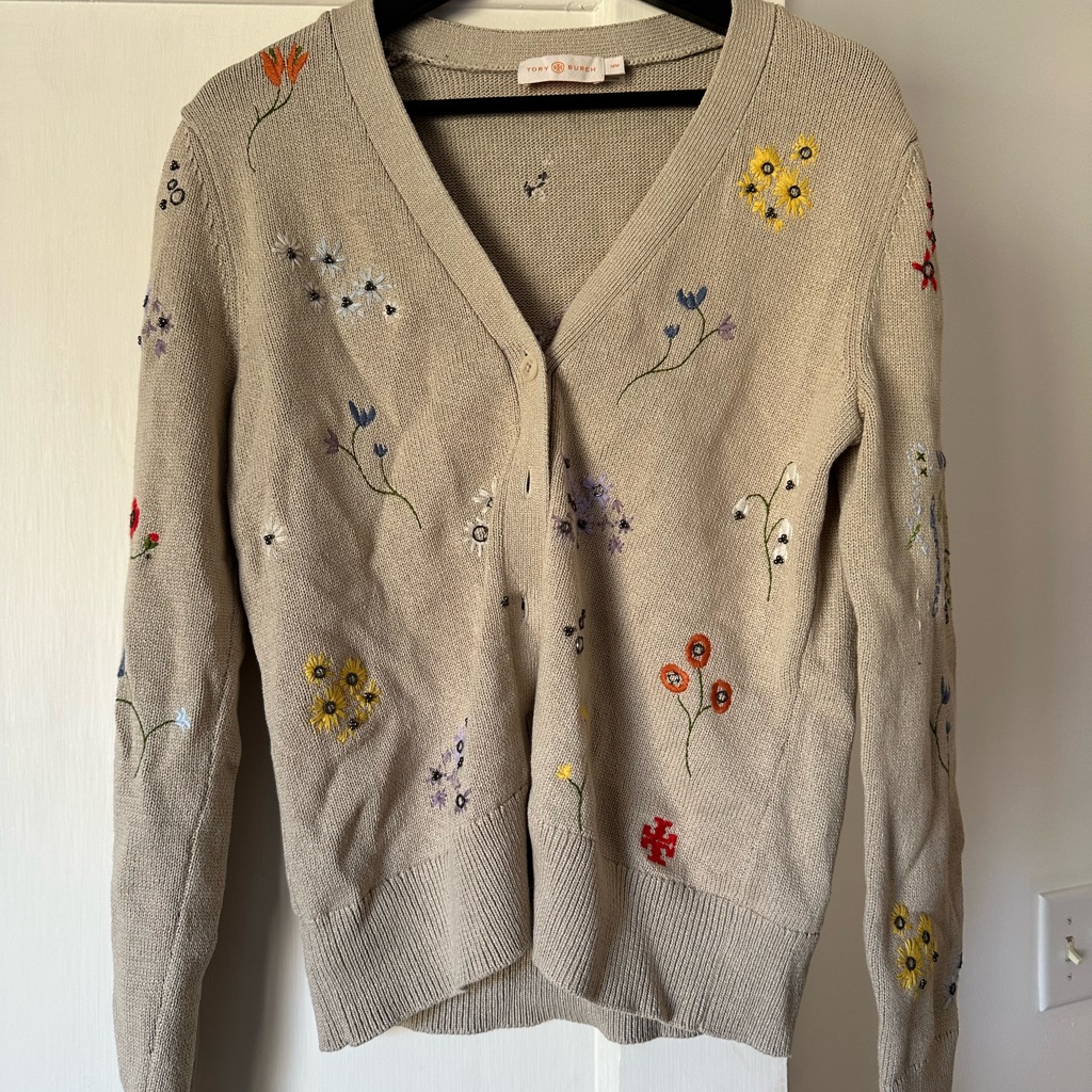 Tory Burch Beige Floral Embroidered Vneck Cardigan